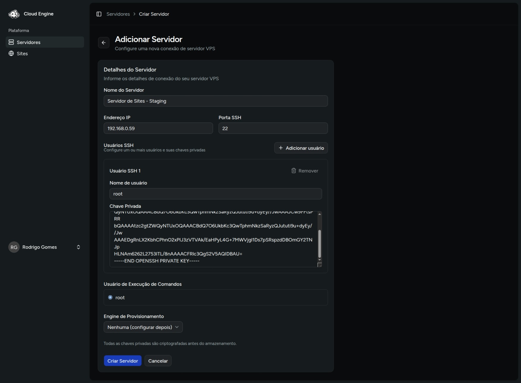 Exemplo de preenchimento do formulário de criação de servidor