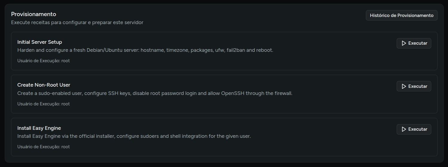 Card de provisionamento no detalhe do servidor