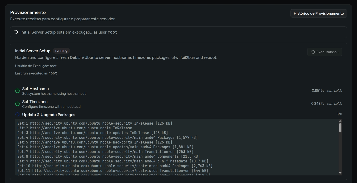 Exemplo de execução de receita com status e saída em tempo real