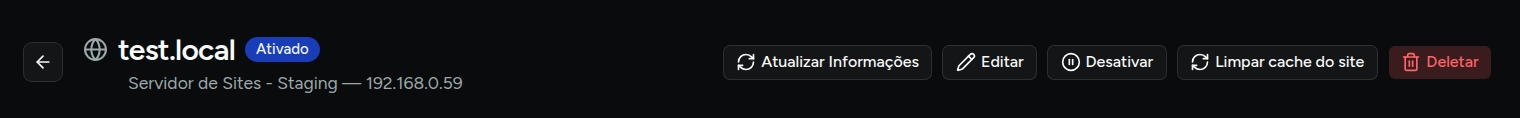 Botões de ação para site: Ativar/Desativar, Clear site cache, Refresh info e Delete