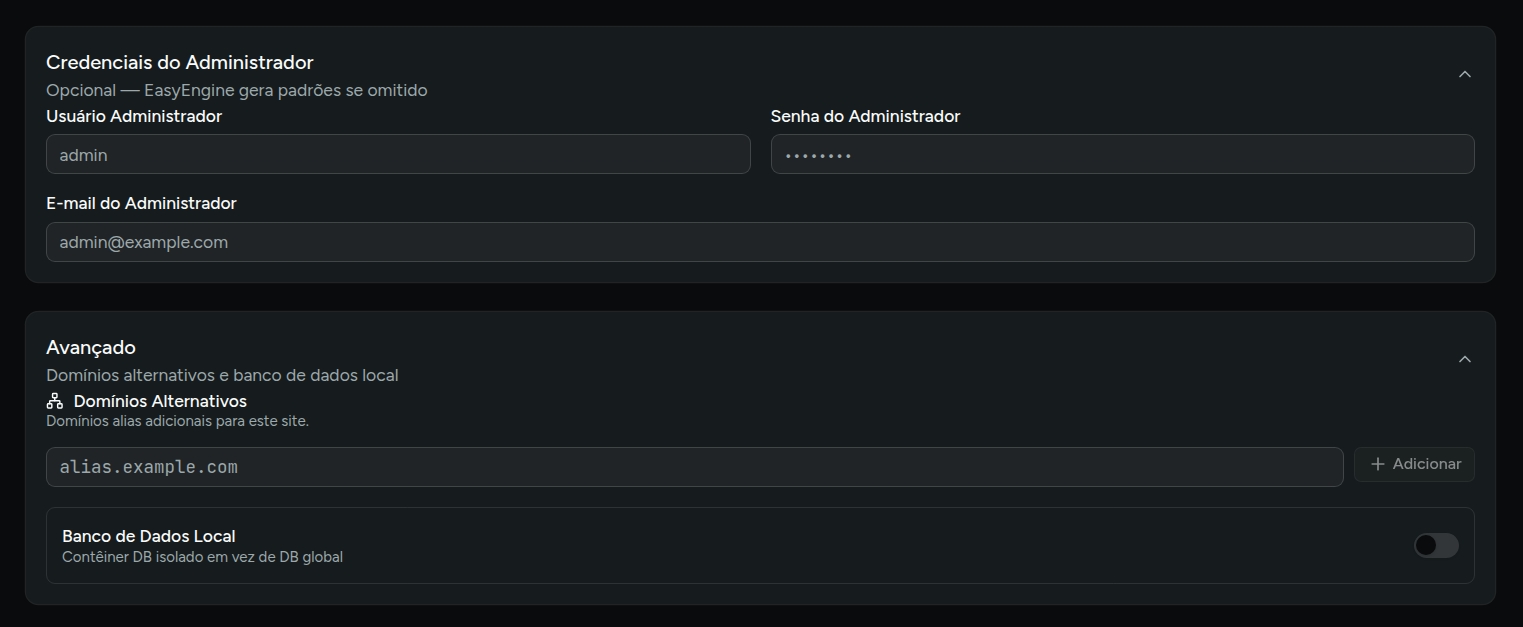 Formulário de criação de site com opções avançadas para alias, banco local e credenciais