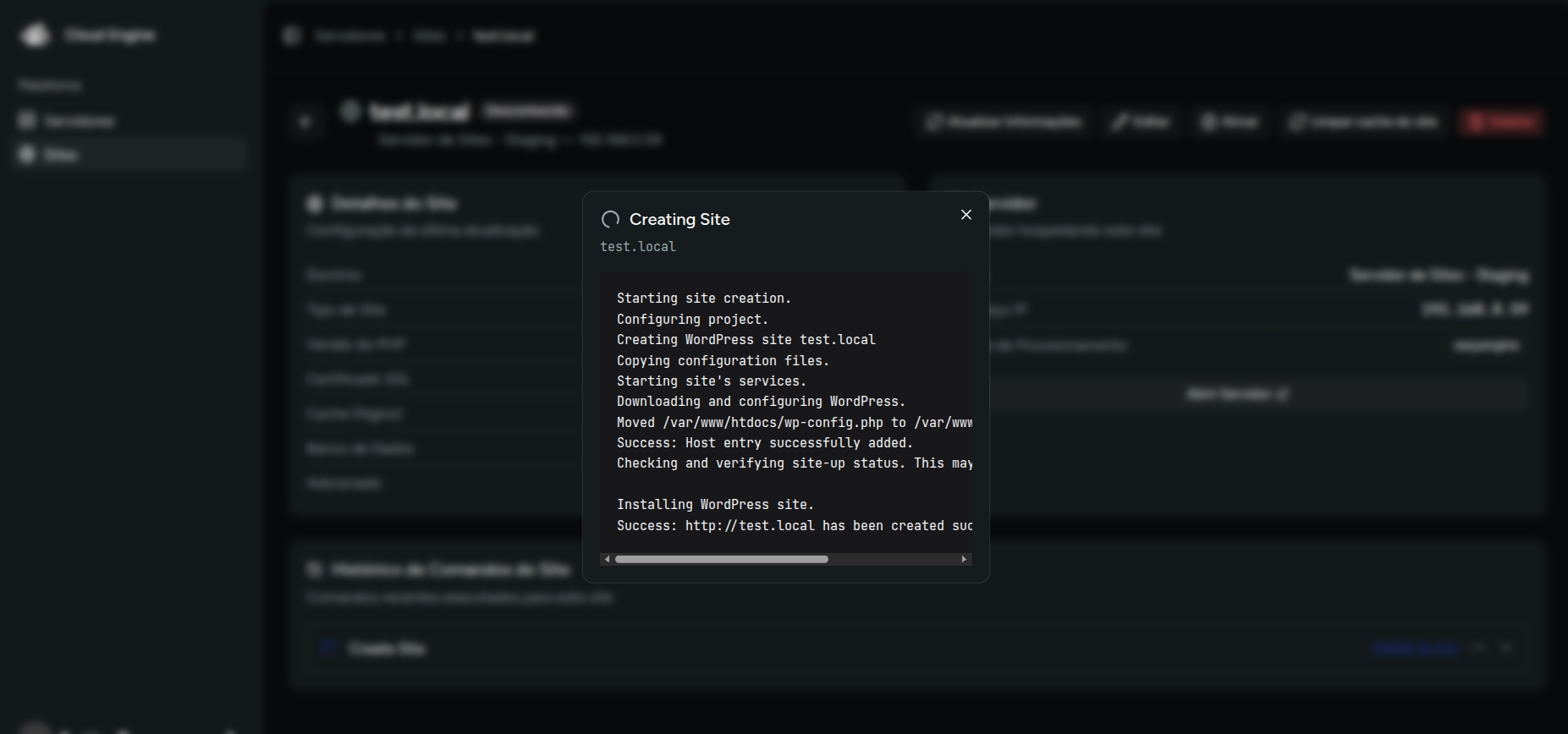 Modal de execução de comando com status e saída em tempo real