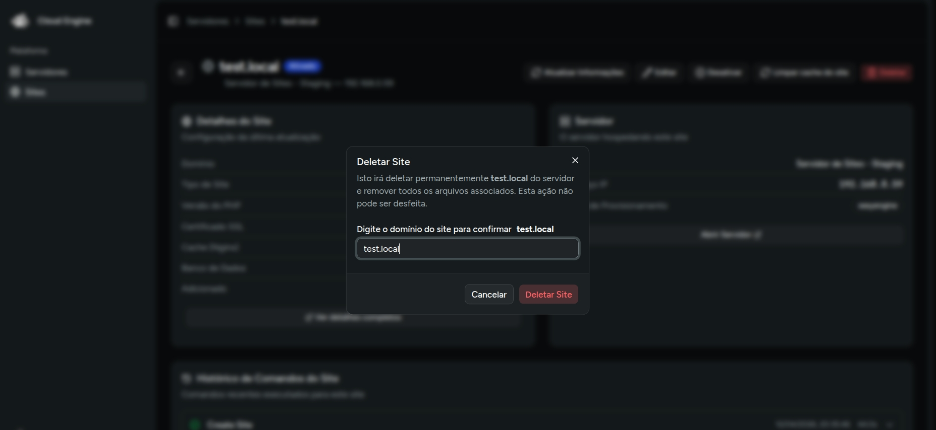 Janela de confirmação de exclusão de site, solicitando a digitação do domínio para confirmar