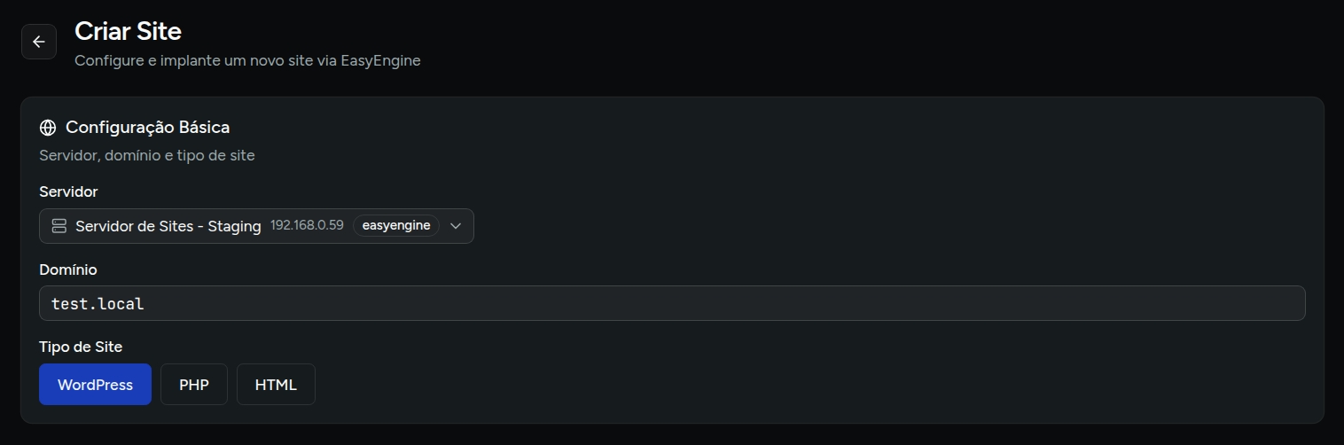 Formulário de criação de site com campos de servidor, domínio e tipo